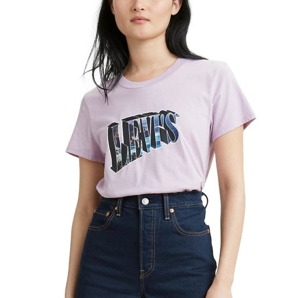Levi's Women Sz M Cotton Graphic T-Shirt Cropped Crewneck Tee Casual Lavender - Picture 1 of 5